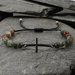 Пренит Браслеты из плетеных бусин из натурального пренита круглой формы, браслеты с подвесками крест для мужчин