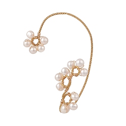 Golden Natural Pearl Braided Flower Cuff Earrings, Brass Wire Wrap Climber Wrap Around Earrings for Non Piercing, Golden, 61x41.5x1mm