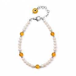 Citrine Natural Citrine(Dyed & Heated) Beaded Bracelets, with Evil Eye Lampwork Beads, Natural Pearl Beads, Brass Beads and 304 Stainless Steel Lobster Claw Clasps, 7-7/8 inch(20cm)
