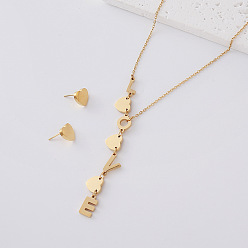 Golden 304 Stainless Steel Stud Heart Earrings & Letter LOVE Tassel Necklaces Sets for Women, Golden, 480mm
