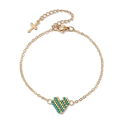 Морско-зеленый Стеклянные бусины браслеты в форме сердца, браслеты-цепочки из латуни для женщин, золотые, цвета морской волны, 7-1/4 дюйм (18.4 см)