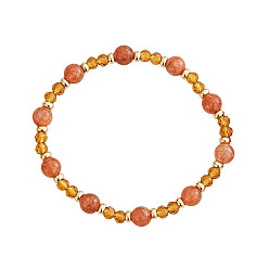 Смешанные камни Круглые браслеты из натурального солнечного камня и цитрина, эластичные, для женщин., 6.89 дюйм (17.5 см)