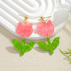Цветок Акриловые болтаться серьги стержня, ярко-розовый, цветок, 65x34 мм