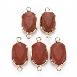 Red Jasper Natural Red Jasper Link Connectors, with Golden Plated Brass Edge and Loop, Faceted, Oval, 29x13x6~7mm, Hole: 2mm