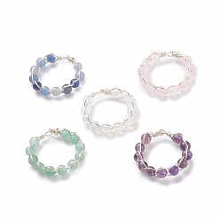 Mixed Stone Round Mixed Gemstone Braided Beaded Finger Ring, Brass Wire Wrap Jewelry for Women, Silver, Inner Diameter: 16.5~17.5mm