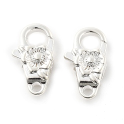 Серебро Карабин-лобстеры, латунные, цветок, серебряные, 24x13x6.5 мм, отверстие : 2.4 мм