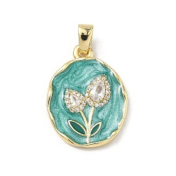 Средний Бирюзовый Латунные микро проложить кубического циркония подвески, с эмалью, долговечный, стойки покрытие, без свинца и без кадмия, овал с подвесками в виде цветов, средне бирюзовый, 24x18x3 мм, отверстие : 5x3 мм