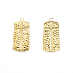 Real 18K Gold Plated Ion Plating(IP) 201 Stainless Steel Pendants, Rectangle with Cross, Real 18K Gold Plated, 33.5x16.5x2mm, Hole: 3mm