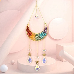 Смешанные камни Украшения из медной проволоки, крошки драгоценных камней и металлические подвески в виде луны, подвесные ловцы солнца, с подвеской из стеклянного листа, 50~55x11 см