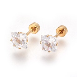 Золотой 304 мочки ушей из нержавеющей стали, завинчивающиеся серьги, со стразами, ромб, кристалл, золотые, 13 мм, ромб: 8x8x5 мм, штифты : 1 мм