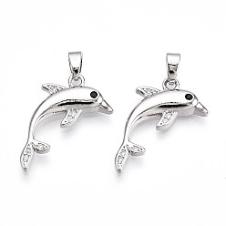 Платина Латунные микро проложить кубического циркония подвески, без кадмия и без свинца, прелести дельфинов, платина, 21x17.5x3 мм, отверстие : 4.5x2 мм
