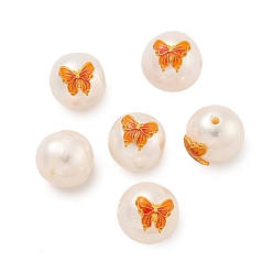 Оранжевый Круглые бусины из натурального пресноводного жемчуга, с долговечной латунной фурнитурой в виде бабочки с покрытием из гальванизированной стали, реальный 18 k позолоченный, оранжевые, 9.5~10x9.5~10x10~11 мм, отверстие : 1~1.2 мм