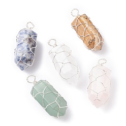 Silver Natural Gemstone Pointed Pendants, with Copper Wire Wrapped, Bullet, Silver, 44.5x18x17mm, Hole: 5mm