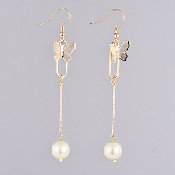 Lemon Chiffon Dangle Earrings, with Glass Pearl Round Beads, Iron Bar Links, Brass Pendant and Earring Hooks, Butterfly & Oval, Lemon Chiffon, 81mm, Pin: 0.7mm