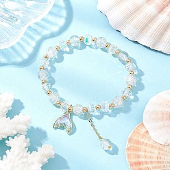 Белый 4шт. латунные стеклянные бусины эластичные браслеты, браслеты с подвесками из сплава «рыбий хвост» для женщин, белые, внутренний диаметр: 2-1/4 дюйм (5.7 см)