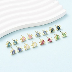 Настоящее золото 18K Серьги-гвоздики в виде рыбок из латуни и эмали, с ракушками и булавками из стерлингового серебра, долговечный, без кадмия, без никеля и без свинца, реальный 18 k позолоченный, 9.5x10 мм