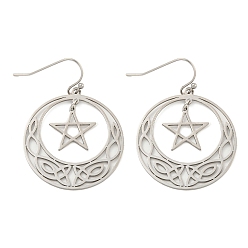Stainless Steel Color Tarnish Resistant 304 Stainless Steel Dangle Earrings for Women, Moon with Star, Stainless Steel Color, 41x30mm