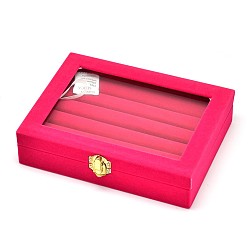 Deep Pink Wooden Rectangle Ring Boxes, Covered with Velvet, with Glass and Iron Clasps, Deep Pink, 20.2x15.1x4.9cm
