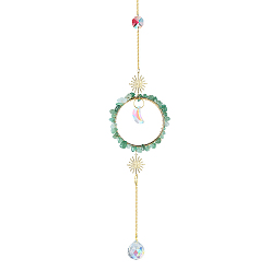 Green Aventurine Natural Green Aventurine Chip Hanging Suncatcher Pendant Decoration, Circle Ring Crystal Ceiling Chandelier Ball Prism Pendants, with Stainless Steel Findings, 400mm