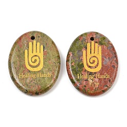 Unakite Natural Unakite Pendants, Flat Oval Healing Stone Charms with Engraved Gold Hamsa Hand Pattern, 45x35~35.5x7~8mm, Hole: 2.5mm