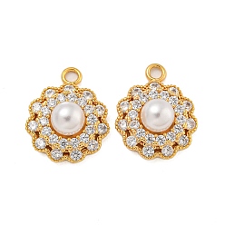 Настоящее золото 18K Латунные микро проложить кубического циркония подвески, с пластмассовой жемчужиной abs, цветок, реальный 18 k позолоченный, 17.5x14x7 мм, отверстие : 2 мм