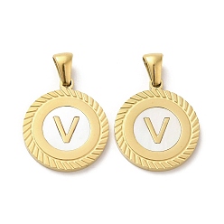 Letter V Ионное покрытие (ip) 304 подвески из нержавеющей стали, плоские круглые подвески-ракушки с буквой, золотые, Буква V, 20.5x17.5x1.5 мм, отверстие : 2.5x4.5 мм