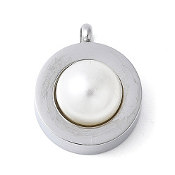 Нержавеющая Сталь Цвет 304 подвески из нержавеющей стали, с имитацией жемчуга из абс-пластика, плоский круглый шарм, цвет нержавеющей стали, 20x16x10.8 мм, отверстие : 2.5 мм