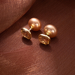 Персиковый Слойка Круглые с прямоугольником серьги-гвоздики из сплава, с искусственным жемчугом и стеклом, золотые, розовые, 12x12 мм