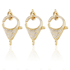 Настоящее золото 18K 3шт. латунная застежка-карабин с микропаве из прозрачного кубического циркония, долговечный, реальный 18 k позолоченный, 26.4x18.5x6 мм, отверстие : 2.8 мм, 3 шт / комплект