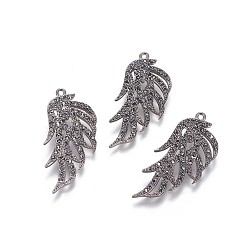 Гематит Латунные подвески, со стразами, перо, металлический черный , гематит, 37.5x18x2.5 мм, отверстие : 1.4 мм