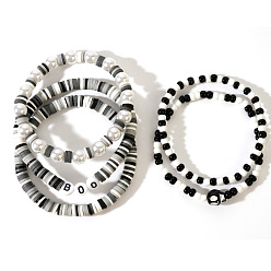 Черный 5шт. браслеты из полимерной глины хейши и стеклянных бусин для женщин, с имитацией жемчужина бисера, чёрные, внутренний диаметр: 6-7/8 дюйм (17.5 см)