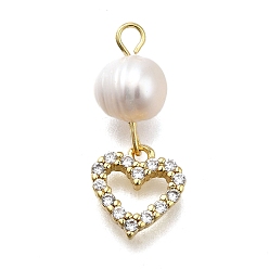 Настоящее золото 18K Латунные микро проложить кубического циркония подвески, сердце, стойки покрытие, долговечный, с натуральной жемчужиной, без кадмия и без свинца, реальный 18 k позолоченный, 21 мм, отверстие : 1.5 мм