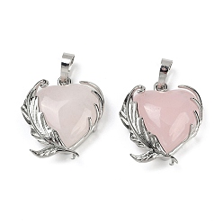 Розовый Кварц Природного розового кварца подвески, латунь цветок прелести, стойки покрытие, долговечный, без свинца и без кадмия, платина, 27x24x8 мм, отверстие : 8x5 мм