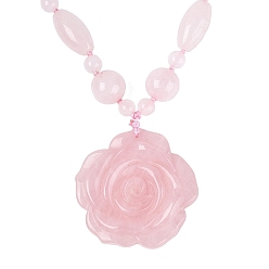 Rose Quartz Natural Rose Quartz Flower Pendant Necklaces, with Stainless Steel Clasps, Stainless Steel Color, 18.50 inch(47cm)~20.67 inch(52.5cm)