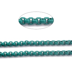 Teal Eco-friendly Spray Painted Handmade Brass Box Chains, Soldered, with Spool, Teal, 4x4mm, 32.8 Feet(10m)/roll
