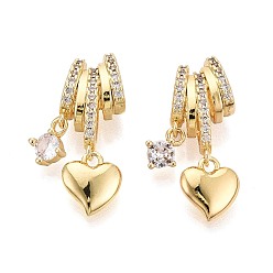 Настоящее золото 18K Латунные микропаве прозрачные подвески с фианитом, сердце со звездными подвесками, реальный 18 k позолоченный, 25~26 мм, отверстие : 7x4.5 мм