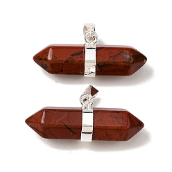 Красный Камень Двойные остроконечные подвески из натуральной красной яшмы, граненые брелоки в форме пули с латунными застежками на дужках, стойки покрытие, серебряные, 12.5x32~32.5x9.5 мм, отверстие : 6x4.5 мм