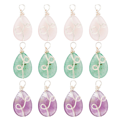Смешанные камни 12 шт. 3 стили подвески из натурального смешанного камня, натуральный розовый кварц, аметист и зеленый авантюрин, очарование слезы, с серебристой экологически чистой медной проволокой, обернутой, 25.5x13x6.7 мм, отверстие : 3.4 мм, 4 шт / стиль