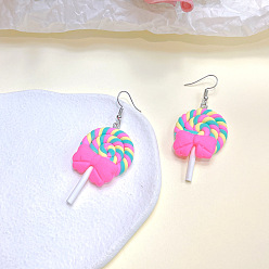 Ярко-Розовый Сплав полимерной глины болтаться серьги, леденец, платина, ярко-розовый, 65x25 мм