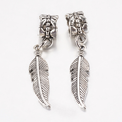 Античное Серебро Сплавочные подвески тибетского стиля, перо, античное серебро, 38 мм, отверстие : 5.5 мм
