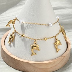 Plaqué 18K Or Véritable 304 Bracelets à double rangée de chaînes satellites en acier inoxydable, Bracelets à breloques dauphin pour femmes, avec abs en plastique imitation perle, placage ionique (ip), plaqué longue durée, réel 18 k plaqué or, diamètre intérieur: 5.91 pouce (15 cm)