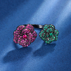 Черный Латунные микропаве кубические цирконии манжеты открытые кольца для женщин, цветок, чёрные, внутренний диаметр: регулируемый