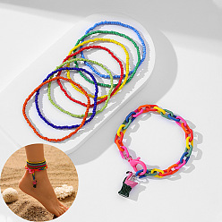 Ярко-Розовый Комплекты многослойных браслетов на лодыжку из богемской смолы и стеклянных бусин, с лебедиными чарами, ярко-розовый, 9-1/8 дюйм (230 мм), 8 шт / комплект