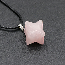Розовый Кварц Подвеска в форме звезды из натурального розового кварца, ожерелье из черного шнура из искусственной кожи, со сплавочной фурнитурой, платина, 19.69 дюйм (50 см)