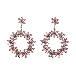 Light Rose Alloy Rhinestone Stud Earrings, Flower, Light Rose, 62x45mm
