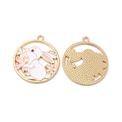 Pink Подвески из эмали и сплава, без кадмия, без никеля и без свинца, плоский круглый шарм с кроликом и сакурой, золотые, розовые, 30x27x1.5 мм, отверстие : 2 мм