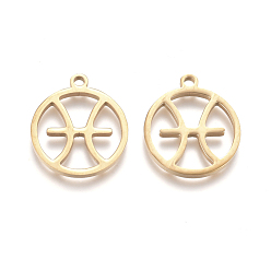 Рыбы 201 подвески из нержавеющей стали, ручная полировка, кольцо с двенадцатью созвездиями, золотые, Рыбы, 18x16x1.5 мм, отверстие : 1.6 мм
