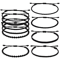 Black 5Pcs 5 Style Nylon Thread Woven Braided Bracelets Set, Friendship Surfer Bracelets for Women, Black, Inner Diameter: 2~3-1/8 inch(5~8cm), 1Pc/style