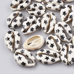 Black Printed Cowrie Shell Beads, No Hole/Undrilled, Star Pattern, Black, 20~26x13~18x5~7mm