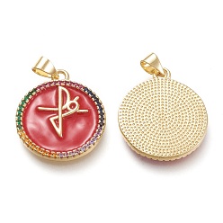 Mixed Color Brass Micro Pave Cubic Zirconia Pendants, with Enamel, Real 18K Gold Plated, Flat  Round with Faith Cross, Mixed Color, 23x20x2mm, Hole: 3x5.5mm